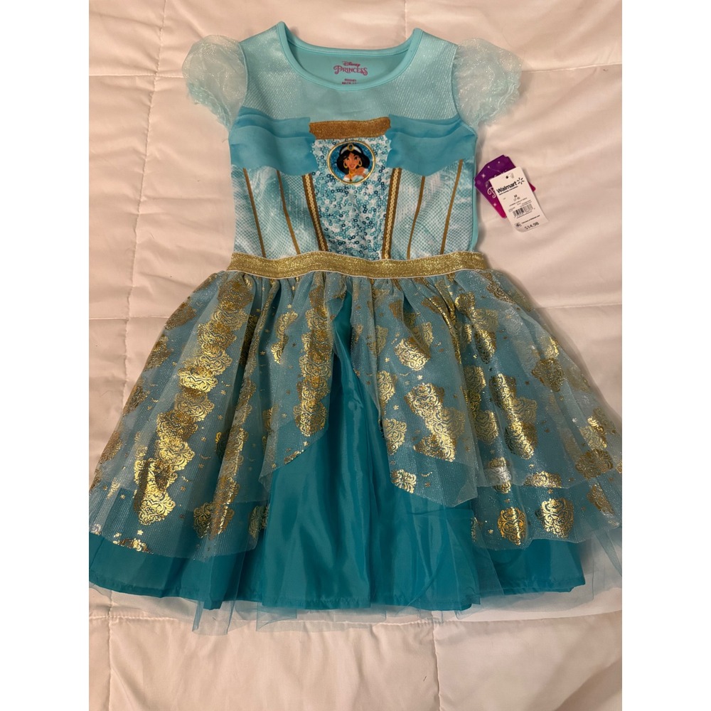 Disney Princess Jasmine Cosplay Dress Girls Size 7-8 Teal Gold Glitter Tulle NWT